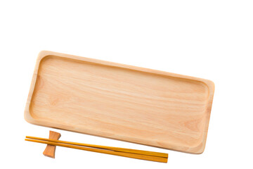 Empty sushi tray board on white background. Top view of plank wood for graphic stand product, interior design or montage display your product.