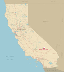 Road map of California, US American federal state. Editable highly detailed transportation map with highways and interstate roads, rivers and cities realistic vector illustration