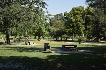 stone tables and benches in the city park. Santiago, Chile