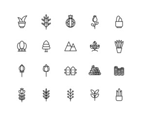 Collection of Flower linear icons. Set of Cactus, Leaf, plant symbols drawn with thin contour lines. Vector illustration.