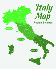 Map of Italy with name and region marked with colours.