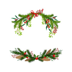 Winter Fir Branches Arranged with Berry Twigs and Fir Cones Semicircular Vector Illustration Set