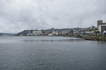 View of the city embankment and ocean bay in Puerto Mont (Port Mont), Chile.