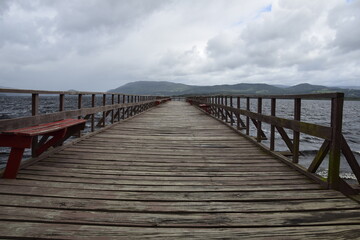 Pier over lake Huillinco, from which the naturalist Charles Darwin left, on his journey through different lakes, Chile