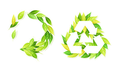 Shaped Green Leaf Arrangement in Recycle Sign and Circle Arrow Vector Set