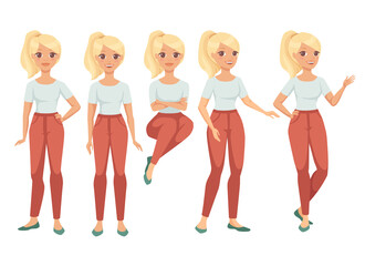 Blond Woman Character with Ponytail in Red Pants in Standing and Sitting Pose Gesturing Vector Set