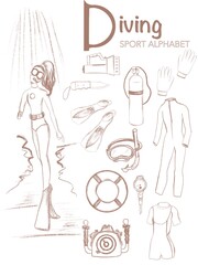 Sport alphabet hand drawn line art set diving