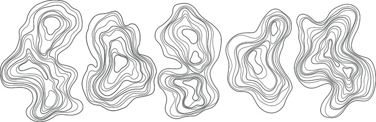 Set of abstract tree rings. Vector topographic map design elements. Contour map concept. Thin wavy lines.
