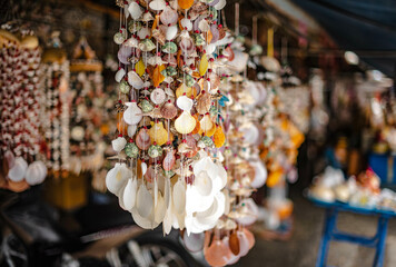 Various types of shell curtains to decorate the house, sold as souvenirs at Ban Phe, Rayong, Thailand.