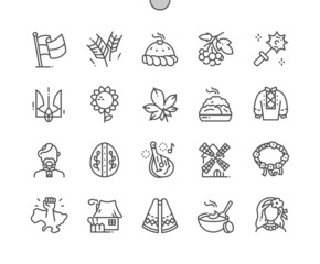 Ukrainian culture. Karavay, vyshyvanka, bandura, borsch, viburnum and other. Kozak and ukrainian woman. Pixel Perfect Vector Thin Line Icons. Simple Minimal Pictogram