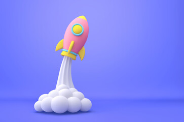 Cartoon rocket launch on blue background