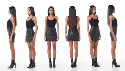 Full length Figure snap of 20s Asian Woman black long straight hair vast short skirt and high heel