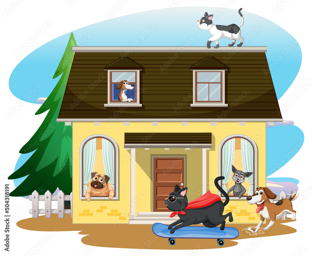 Wall mural outdoor house scene with domestic animals cartoon