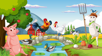 Farm background with happy animals