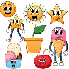 Set of facial expression with vintage style food cartoon on white background