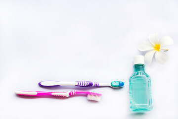 toothbrush, mouthwash health care of oral cavity of lifestyle arrangement flat lay style on background white 