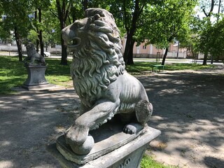Stone lion in the park. Monument to the lion, macro photo. For the Internet, postcards, books,...