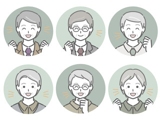 喜ぶ高齢男性の丸アイコンセット