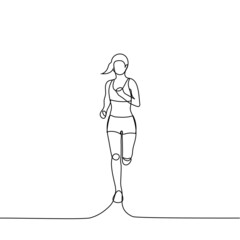 woman in sportswear running - one line drawing vector. healthy lifestyle concept, cardio workout