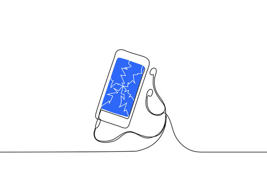 recommend clip art: headphones and smartphone with broken screen - one line drawing vector. concept broken phone, smartphone after fall