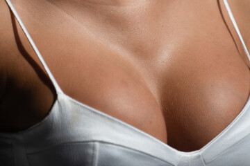 Close up women breast boobs, woman after plastic surgery. Sexy boob. Sexy woman, breasts, big...