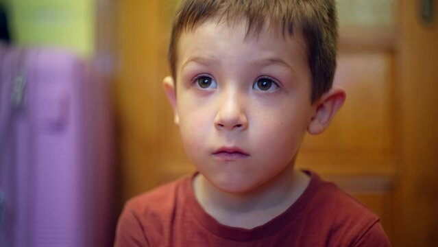 Portrait of a boy watching TV at home. Emotions of a child while watching cartoons.
