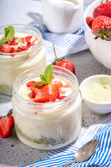 Sweet matcha strawberry dessert. Breakfast layered parfait dessert with yogurt, matcha green tea sponge biscuit and fresh strawberry, white background copy space