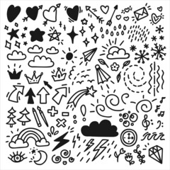 Vector set of hand drawn doodle elements. Collection of crowns, hearts, stars, arrows, lightnings, signs and symbols.