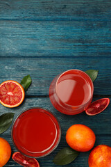 Concept of drink, red orange juice, space for text