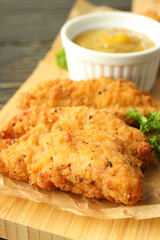 Concept of tasty food with chicken strips, close up