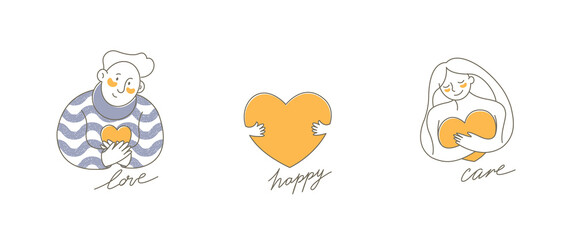 A young happy family holding hearts in their hands. Hand drawn style vector stock design illustrations. Simple line style. Isolated on white background. Flat emblem. For print. 