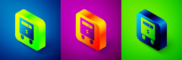 Isometric Electric meter icon isolated on blue, purple and green background. Square button. Vector