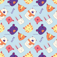 Seamless pattern with cute animal faces in doodle style. Children's print for fabric, notebooks, wrapping paper.