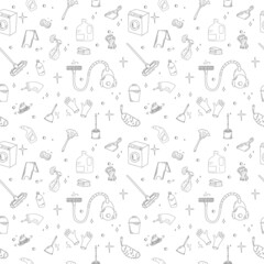 Seamless pattern with doodle style cleaning elements.