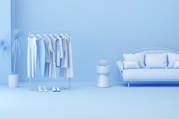 Clothes on a hanger, storage shelf in pastel blue background, and furnitures and room accessories. Light background with copy space. 3D rendering for web page, presentation or picture frame backgroun