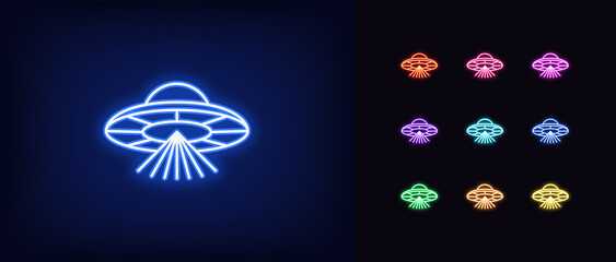 Outline neon alien UFO icon. Glowing neon alien spacecraft with scanning beams, UFO spaceship pictogram © Дмитрий Майер