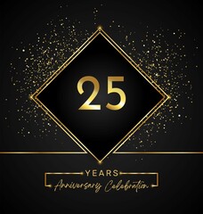 25 years anniversary celebration with golden frame and gold glitter on black background. 25 years Anniversary logo. Vector design for greeting card, birthday party, wedding, event party, invitation.