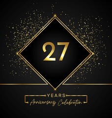 27 years anniversary celebration with golden frame and gold glitter on black background. 27 years Anniversary logo. Vector design for greeting card, birthday party, wedding, event party, invitation.