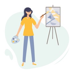 Illustration of an artist painting an abstract painting on an easel with a brush. Drawing, hobby, creativity, occupation, design concept. Artistic image of people, profession, lifestyle. Flat vector.