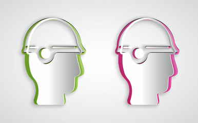 Paper cut Baseball helmet icon isolated on grey background. Paper art style. Vector