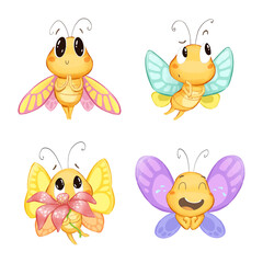 Cute butterfly character set in different poses and emotions. Ideal for stickers and postcards.