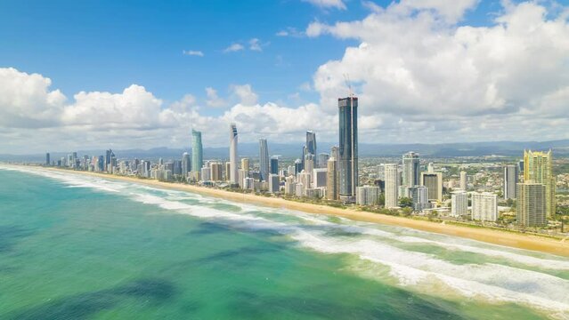 Hyperlapse Time Lapse Aerial Surfers Paradise Beach Time Lapse Blue Sky day, Gold Coast  All Logos Blurred