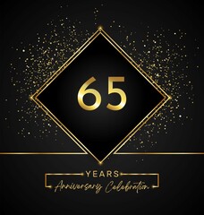 65 years anniversary celebration with golden frame and gold glitter on black background. 65 years Anniversary logo. Vector design for greeting card, birthday party, wedding, event party, invitation.
