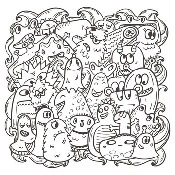 Vector hand drawn coloring pattern with funny fictional doodle monsters.