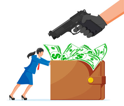 Bandit with Gun and Woman with Wallet full of Money. Hand Holding Pistol and Businesswoman Giving or Offering Money Bills and Coins. Robbery and Criminal Concept. Flat Vector Illustration