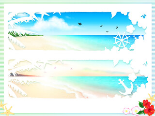 浜辺の切り抜き横長フレームセット（白背景）