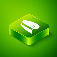 Isometric Train driver hat icon isolated on green background. Green square button. Vector