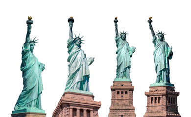 The Statue of Liberty in New york city on white background, summary 4 photo in four angle, Architecture and building with tourist concept. - obrazy, fototapety, plakaty