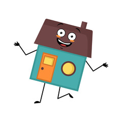 Cute house character with crazy happy emotions, joyful face, smile eyes, dancing arms and legs. Building man with funny expression, funny cottage. Vector flat illustration