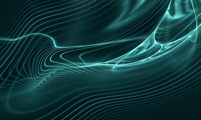 Digital fluid 3d topography of glossy sound in turquoise color in deep dark space. Curvy lines and waves of mesh cursing in abyss of infinity. Great as background, cover print for electronics, design. - 504324302